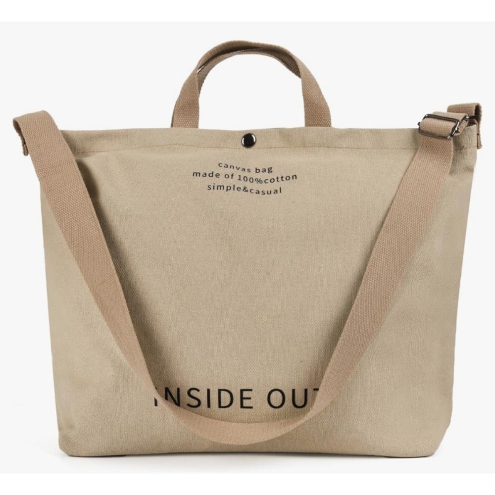 Inside Out Tan 100% Canvas Tote Bag Adjustable Crossbody Strap Simple and Casual
